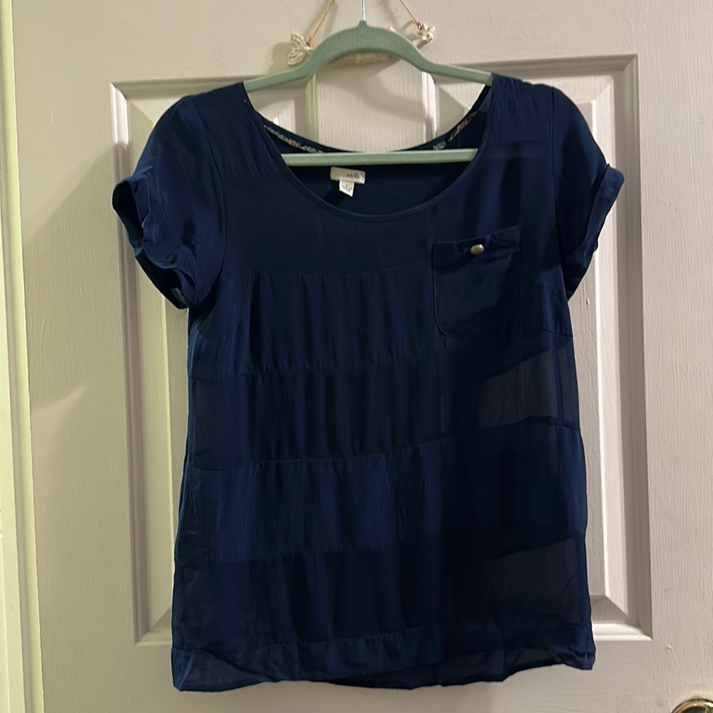 Anthropologie navy silk short sleeve blouse